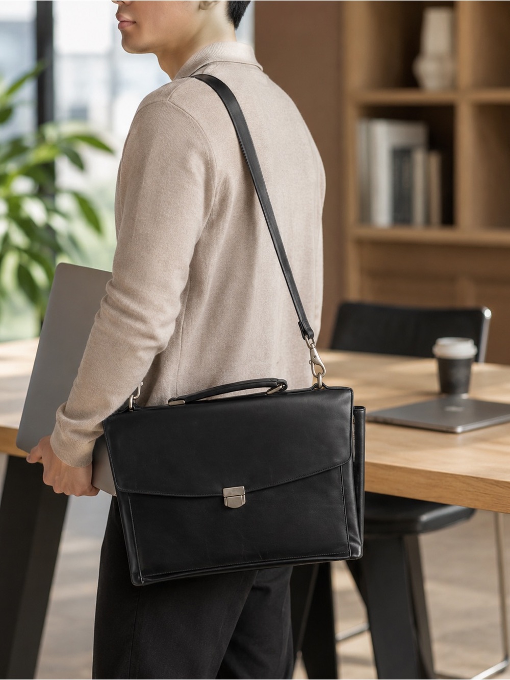 Toto Classic Black Leather laptop Shoulder Bag - unisex